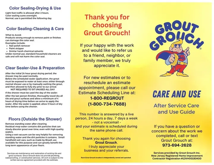 Grout Grouch after-service care and use brochure artwork