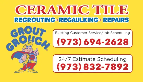 Grout Grouch business card front with service and estimate scheduling numbers