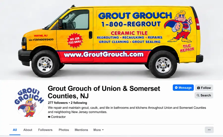 Facebook Page design example using the yellow Grout Grouch van and the existing Union and Somerset audience of 277 followers and 2 following