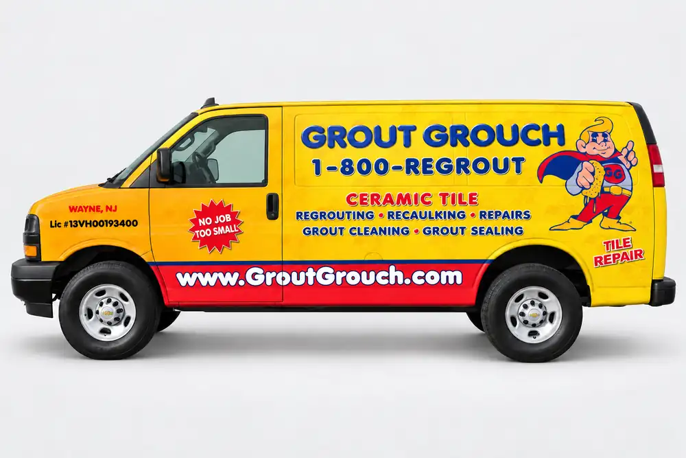 Yellow Grout Grouch van with the No Job Too Small badge