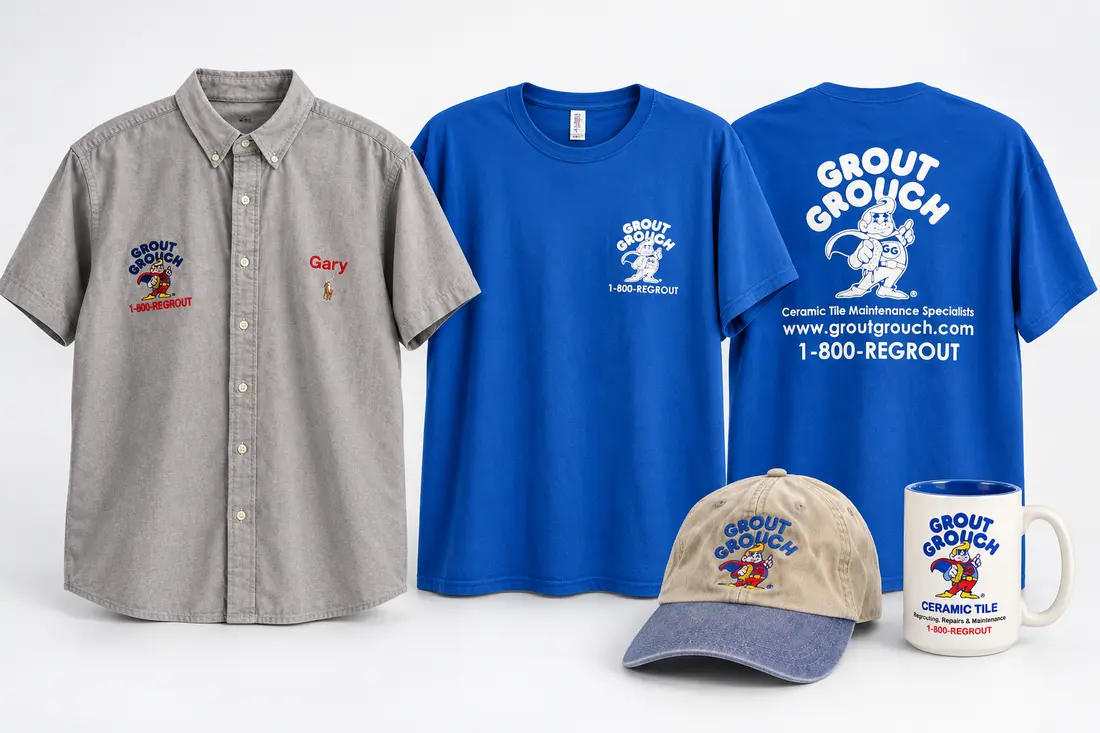 Grout Grouch apparel and branded items: gray embroidered shirt, blue T-shirt front and back, hat and mug