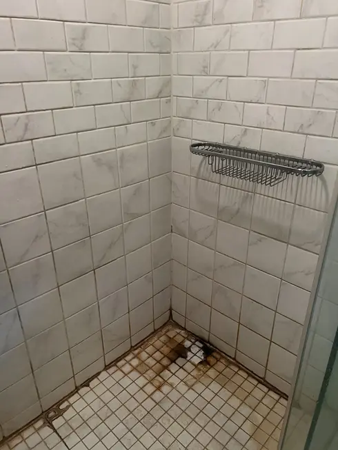 Before: worn shower grout and damaged shower floor