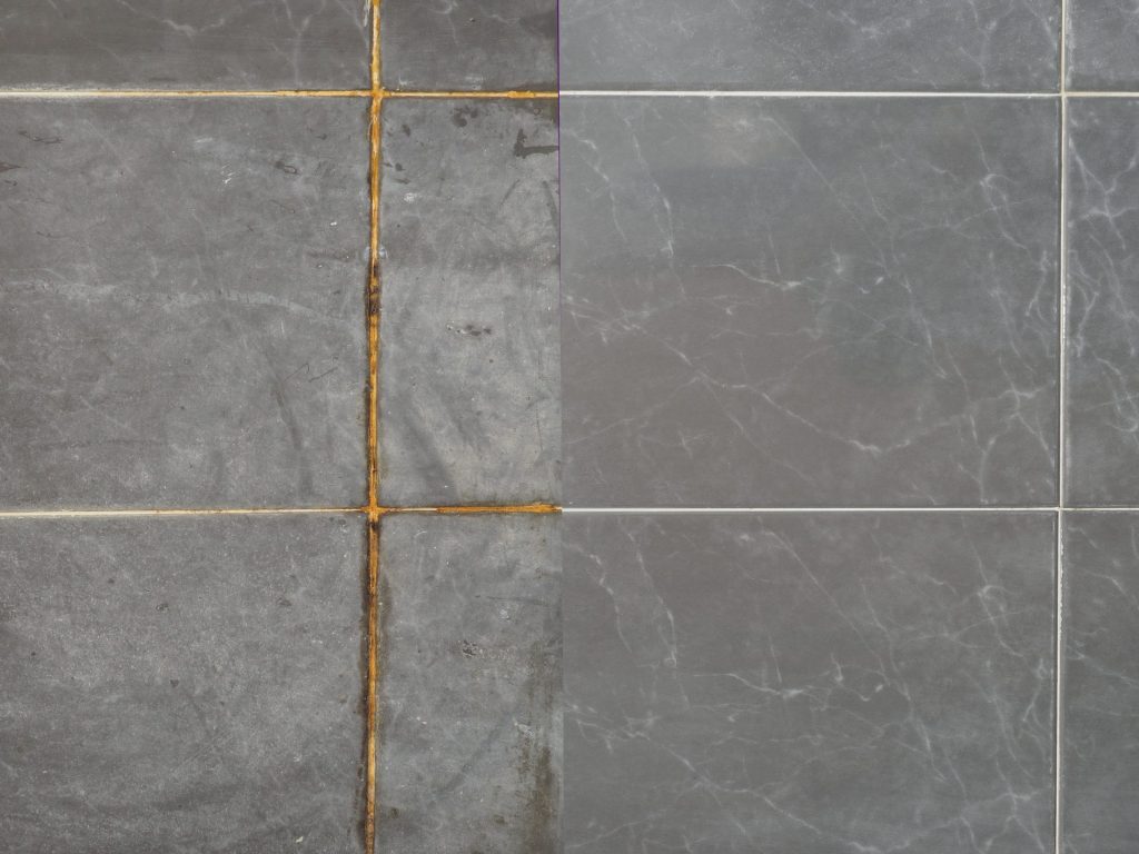 Grout lines between gray tiles